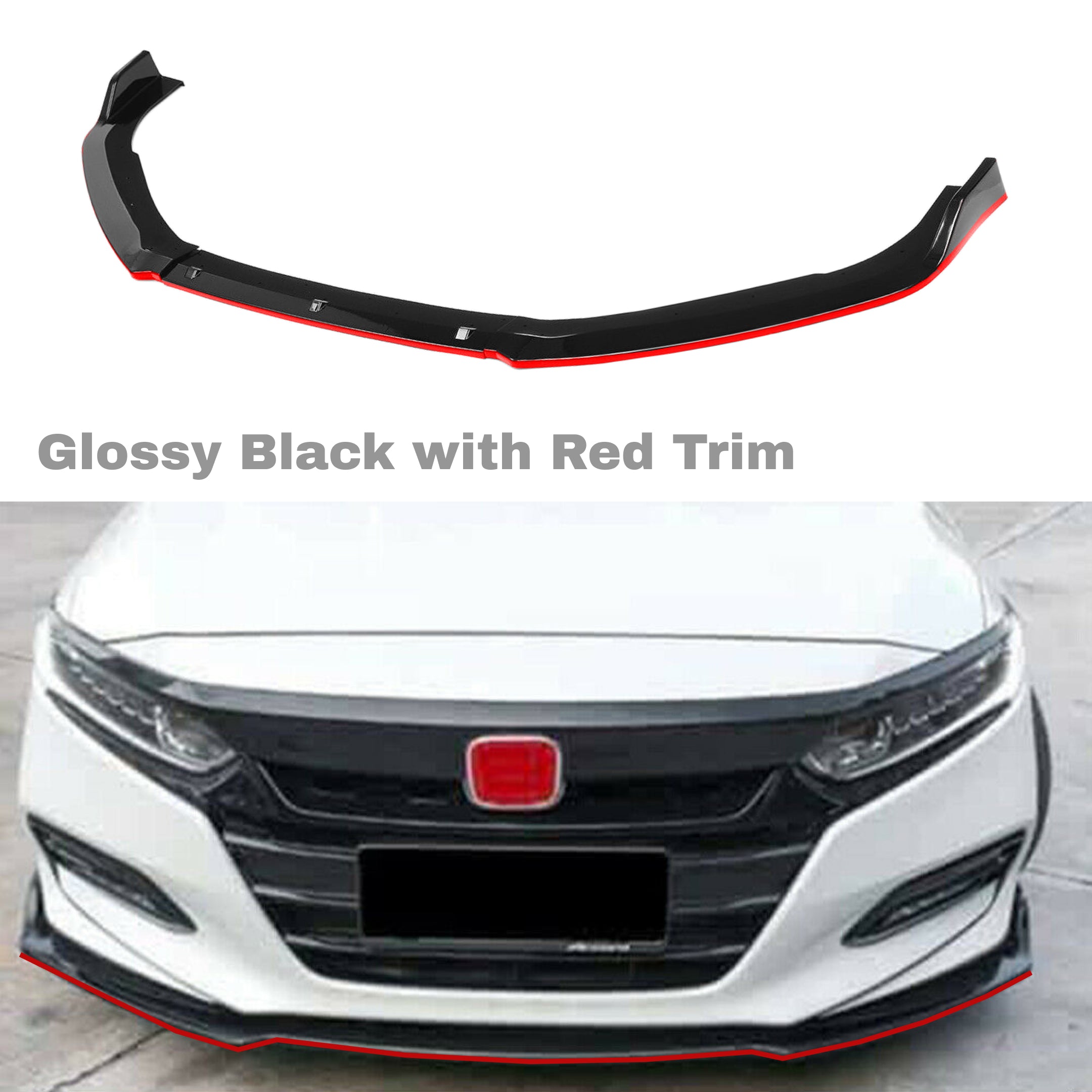 Fits 2013-2017 Honda Accord Front Bumper Lip Spoiler (Gloss Black with Red Trim)