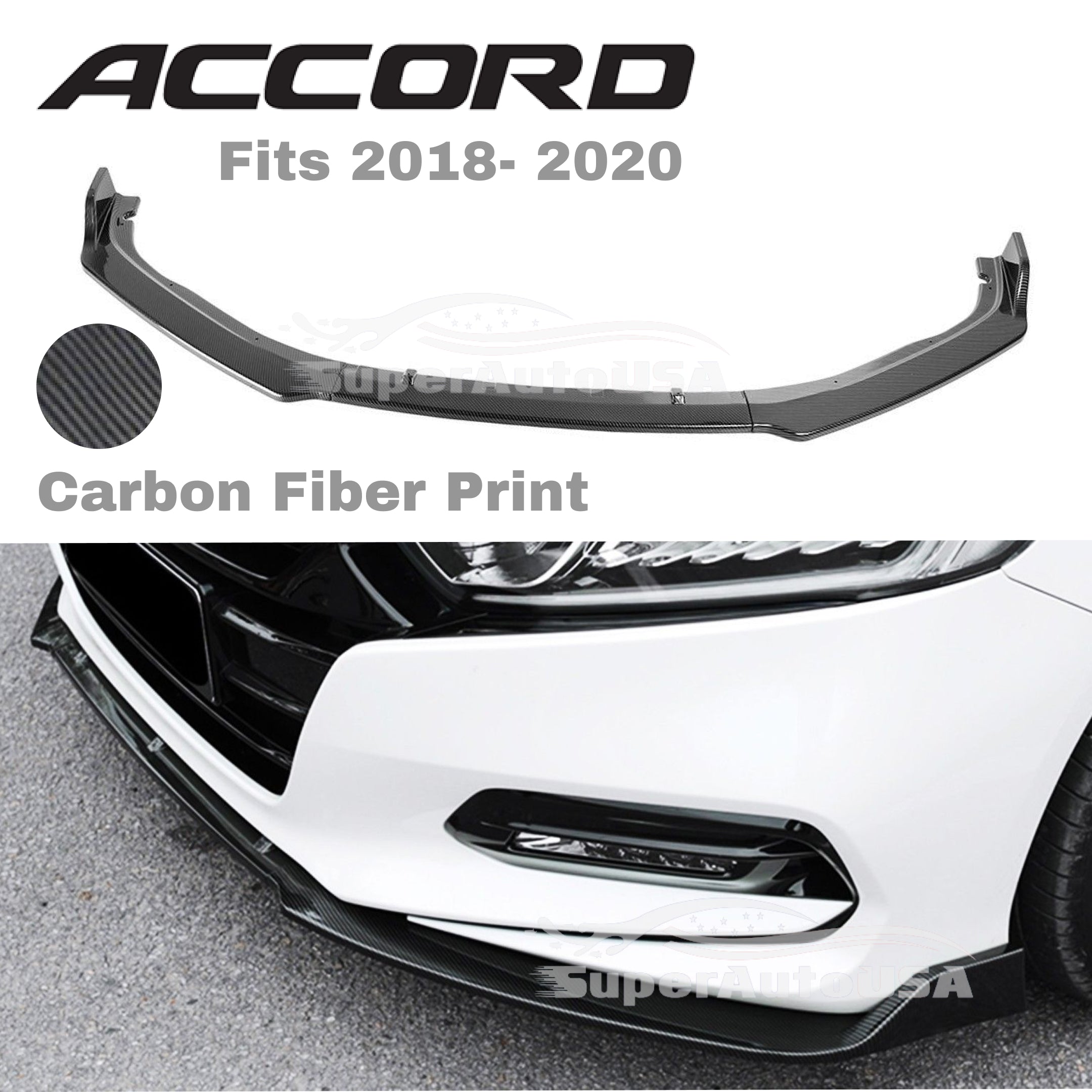 Fit 2018-2020 Honda Accord 4Dr Sedan Front Bumper Lip Spoiler (Carbon Fiber Print) - 0