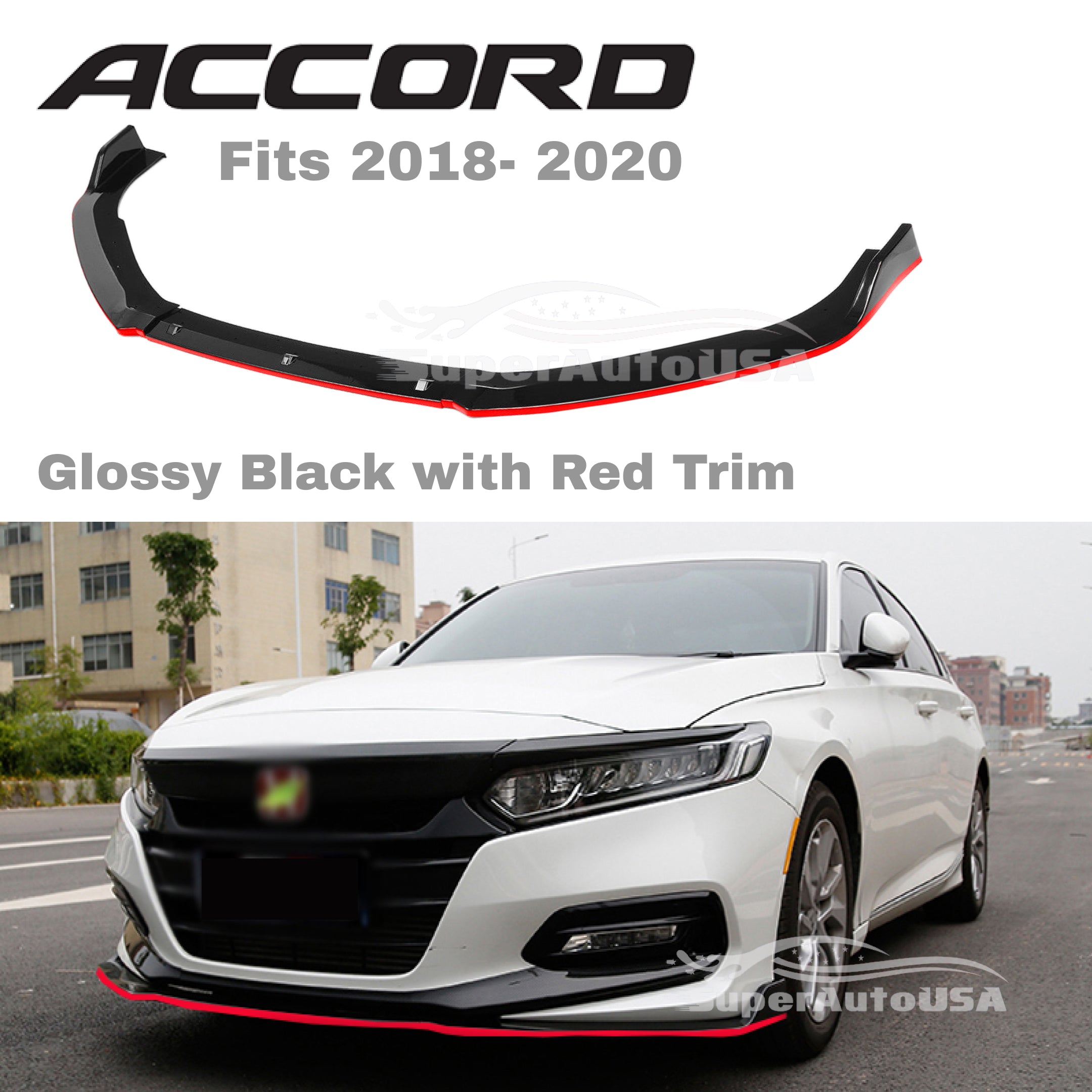 Fits 2018- 2021 Honda Accord Sedan Front Bumper Lip Spoiler(Glossy Black With Red Trim)-2