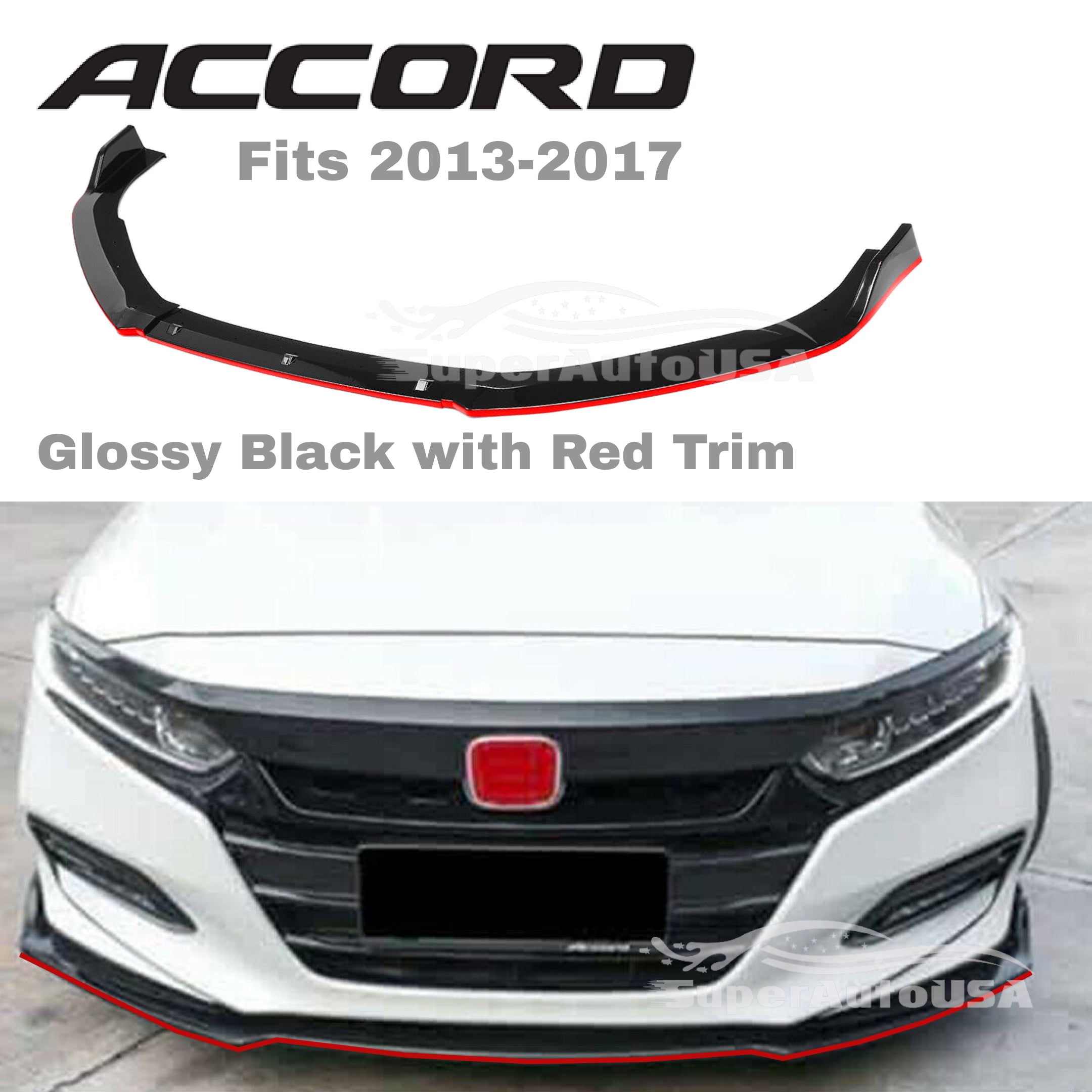 Fits 2013-2017 Honda Accord Front Bumper Lip Spoiler (Gloss Black with Red Trim) - 0