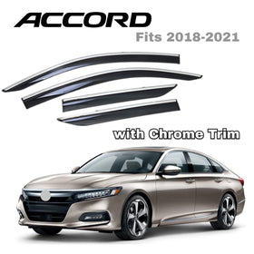 Fit 2018-2023 Honda Accord Clip-On Chrome Trim Vent Window Visors Rain Sun Wind Guards Shade Deflectors