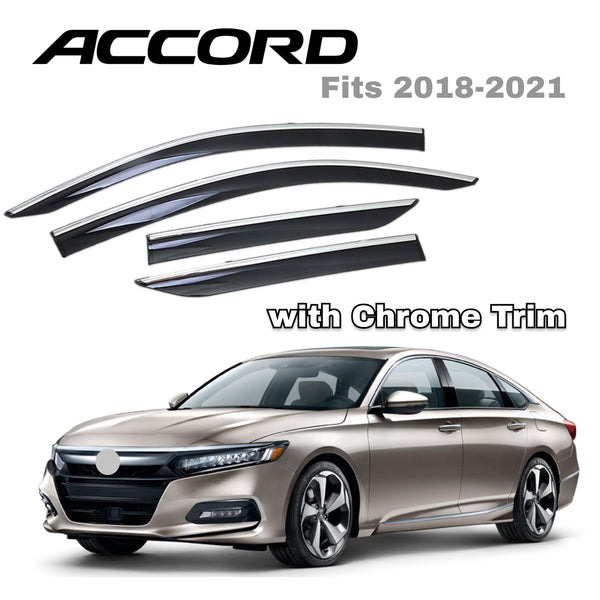 Fits 2018-2021 Honda Accord Tinted Clip-on Window Visor Rain Guard W Chrome Trim