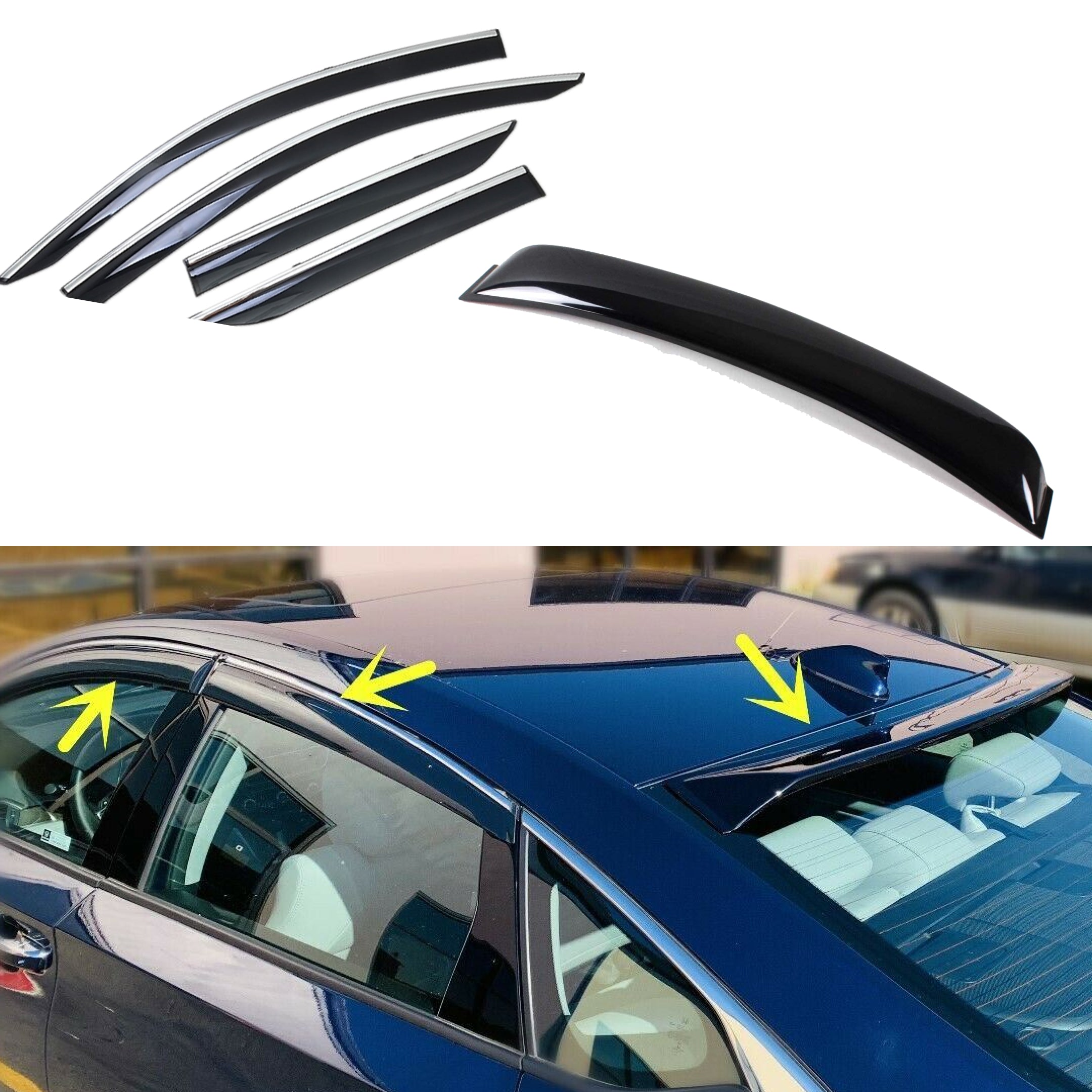 Compatible con Honda Accord 2018-2020, viseras de ventana de ventilación cromadas con clip, protectores contra el viento y la lluvia, deflectores de sombra y alerón de techo trasero
