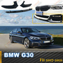 Gloss black M-Tech M Sport front bumper lip splitter installed on a 2017-2020 BMW 5-Series G30 sedan