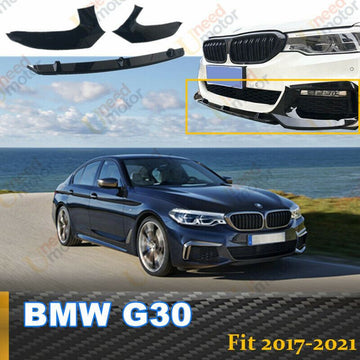 Gloss black M-Tech M Sport front bumper lip splitter installed on a 2017-2020 BMW 5-Series G30 sedan
