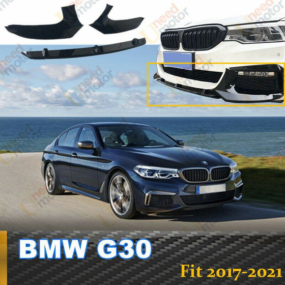 Gloss black M-Tech M Sport front bumper lip splitter installed on a 2017-2020 BMW 5-Series G30 sedan