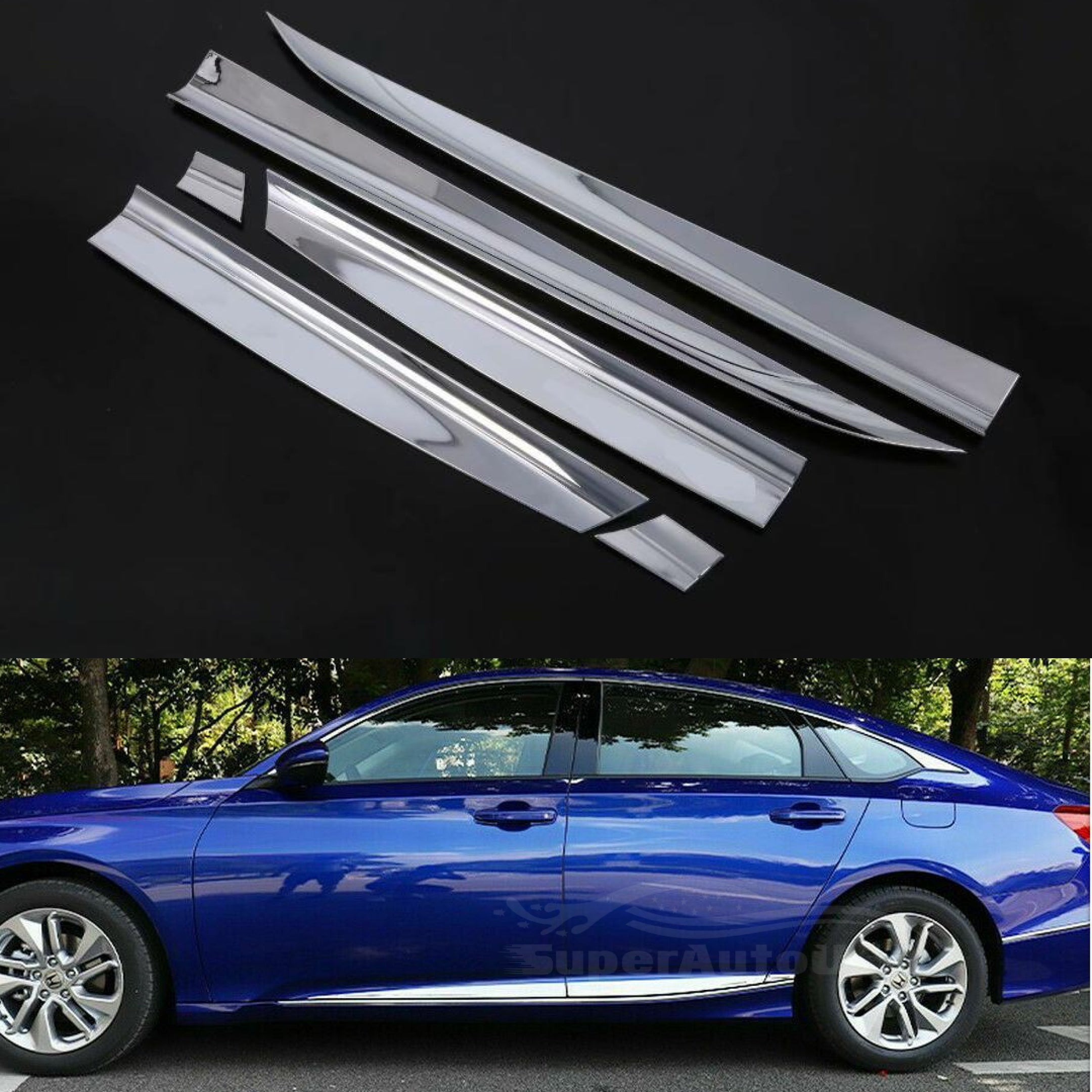 Fit 2018-2021 Honda Accord Stainless Steel Side Body Door Molding Trim (Chrome, 6 pcs)