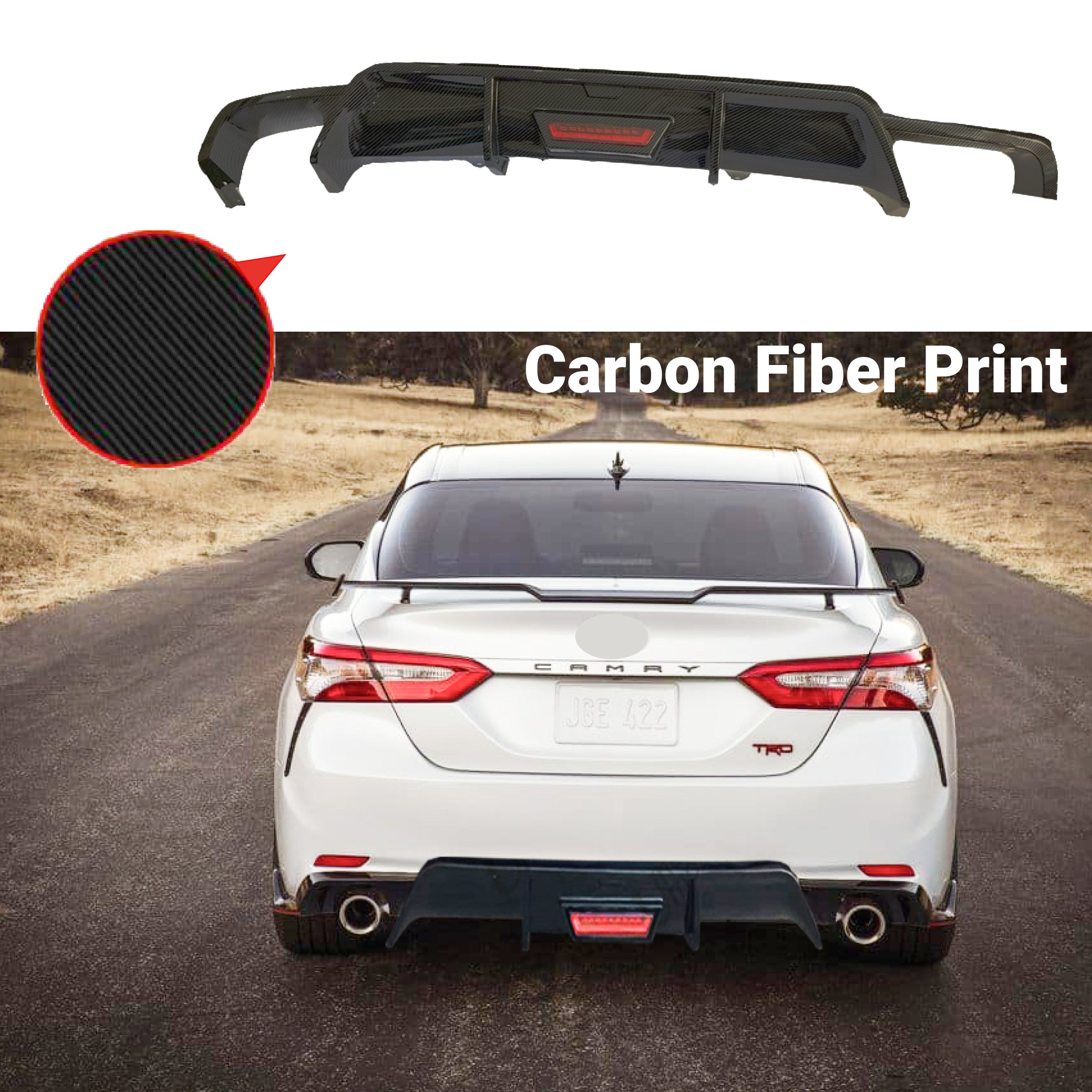 Fit 2018-2023 Toyota Camry Rear Bumper Lower Diffuser Spoiler with LED Light (Carbon Fiber Print) - 0
