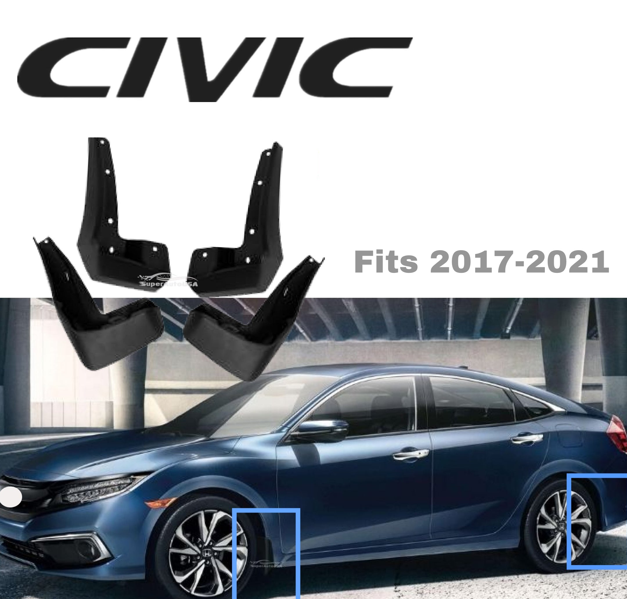 Fit 2017-2021 Honda Civic Sedan Mud Flaps Splash Guard Fender Mudguard Black