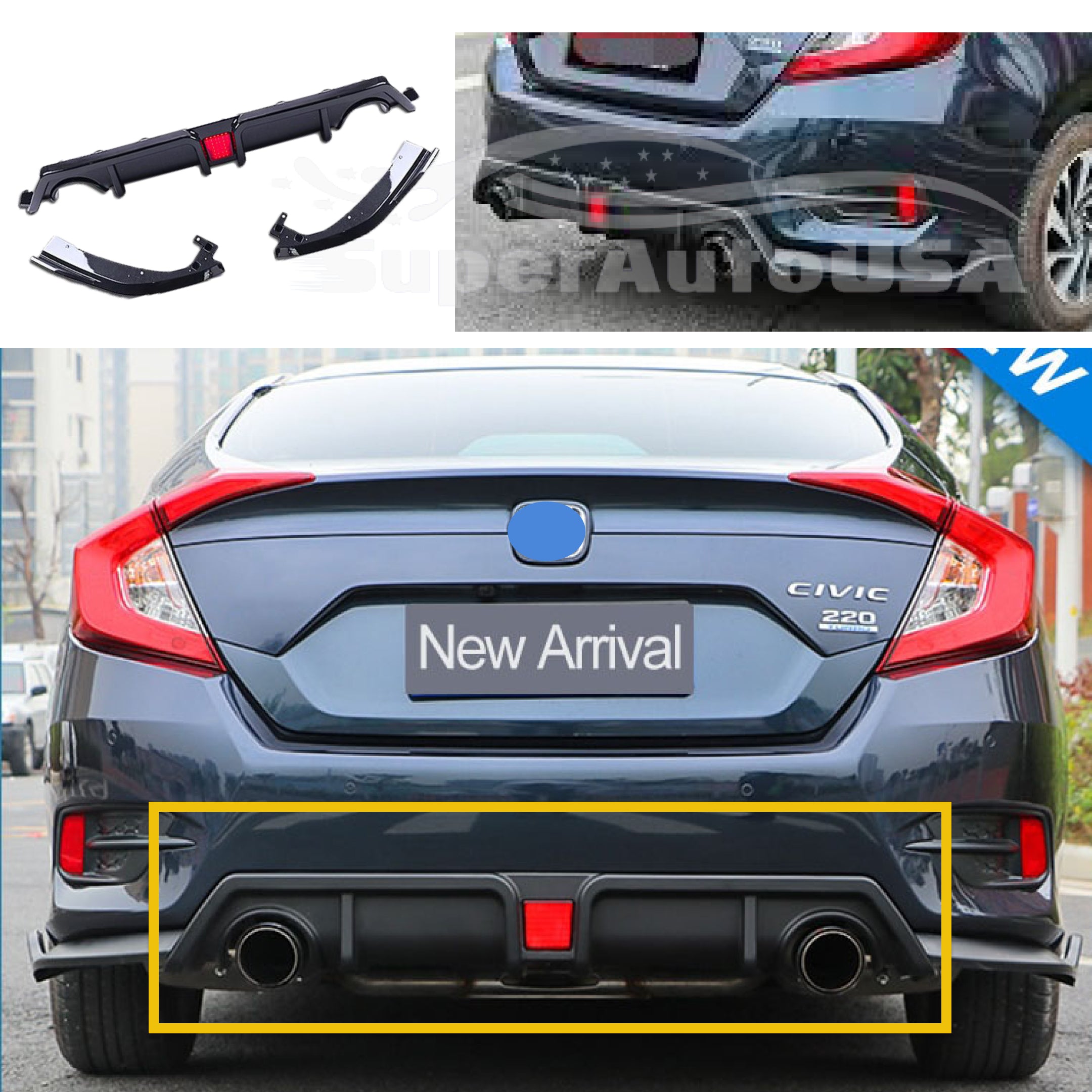 Fits 2016-2021 Honda Civic Sedan Rear Lip Diffuser with LED light Kit (Gloss Black) - 0