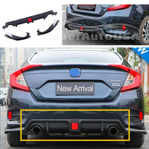 Fits 2016-2021 Honda Civic Sedan Rear Lip Diffuser with LED light Kit (Gloss Black)