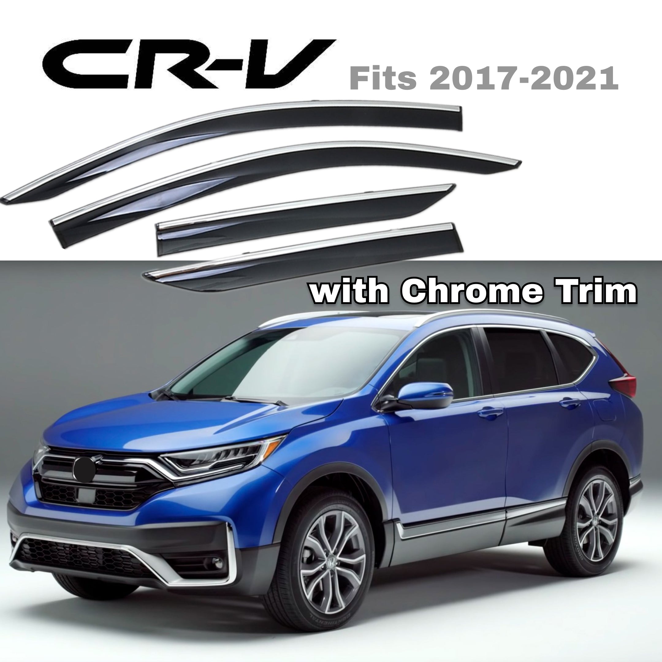Fit 2017-2021 Honda CRV Clip-On Chrome Trim Vent Window Visors Rain Sun Wind Guards Shade Deflectors - 0