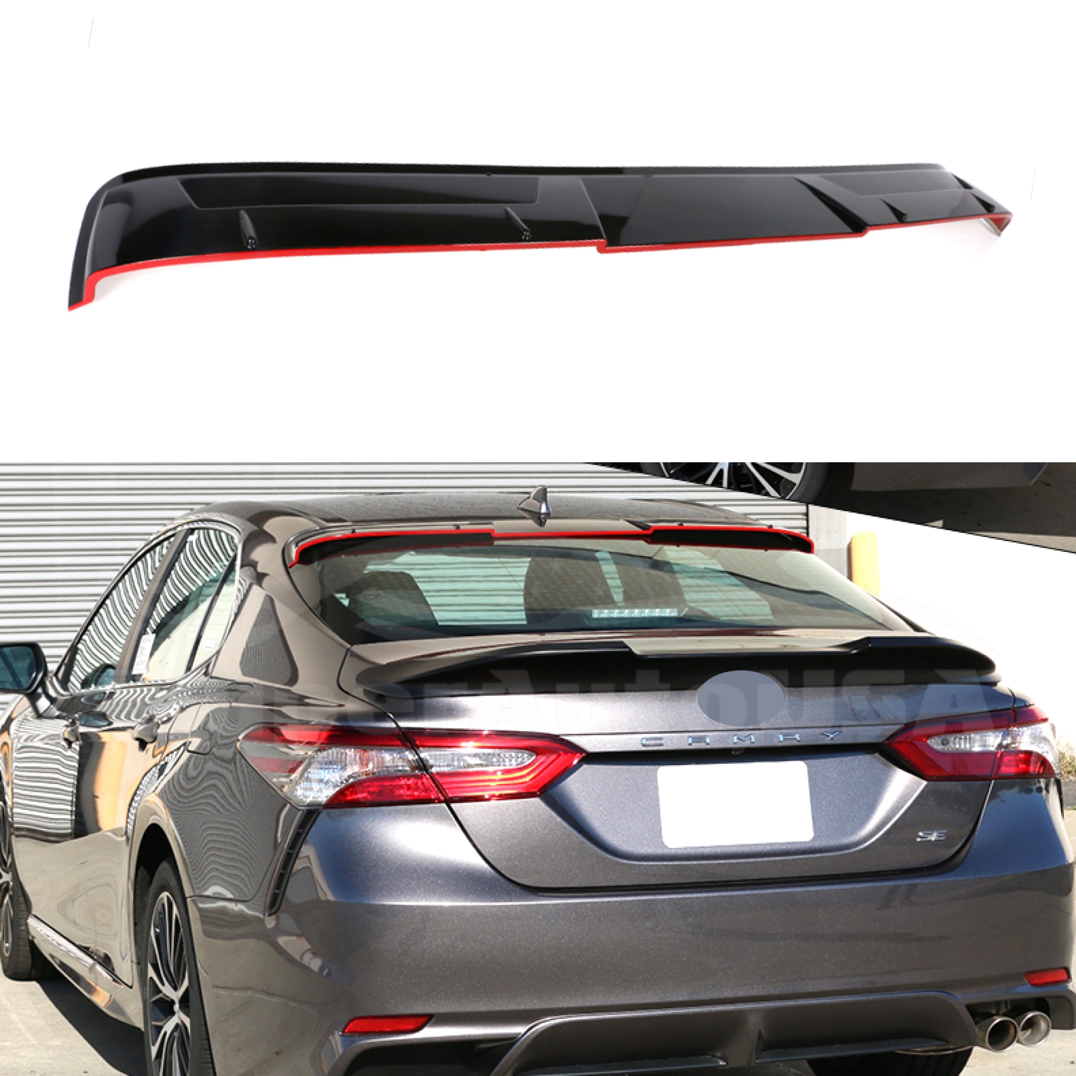 Fit 2018-2023 Toyota Camry V2 Style Rear Roof Spoiler (Gloss Black Red Trim)