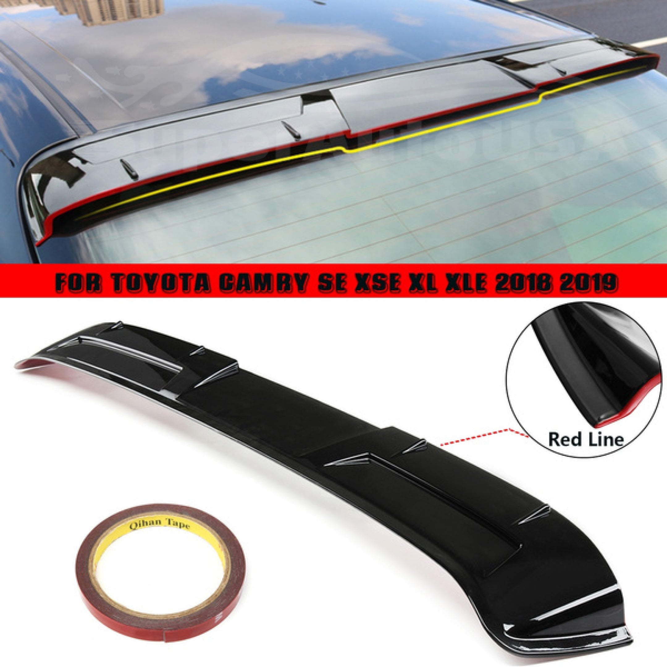 Fit 2018-2023 Toyota Camry V2 Style Rear Roof Spoiler (Gloss Black Red Trim)