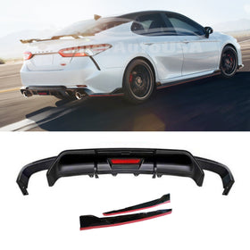 Fit 2018-2023 Toyota Camry TRD Style Rear Diffuser LED Light & Splitters Corners 2-in-1 set (Gloss Black or Carbon Fiber Print with Red Trim)