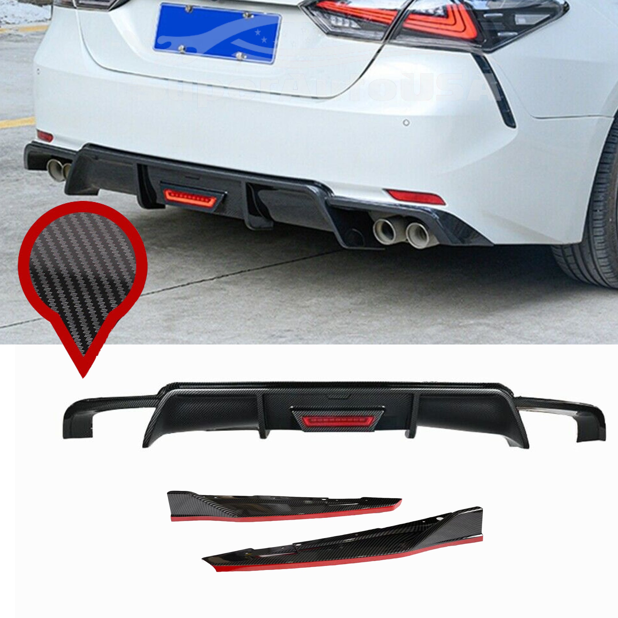 Fit 2018-2024 Toyota Camry TRD Style Rear Diffuser Spoiler LED Light Side Body Skirts Rear Splitters Body Skit 3-in-1 w/Red Trim