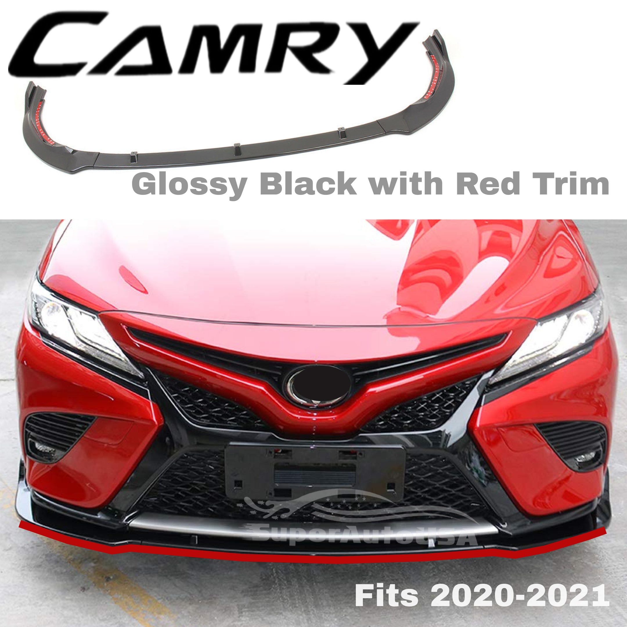 Se adapta al labio del parachoques delantero estilo Toyota Camry SE XSE TRD 2019-2022 (negro brillante con borde rojo)