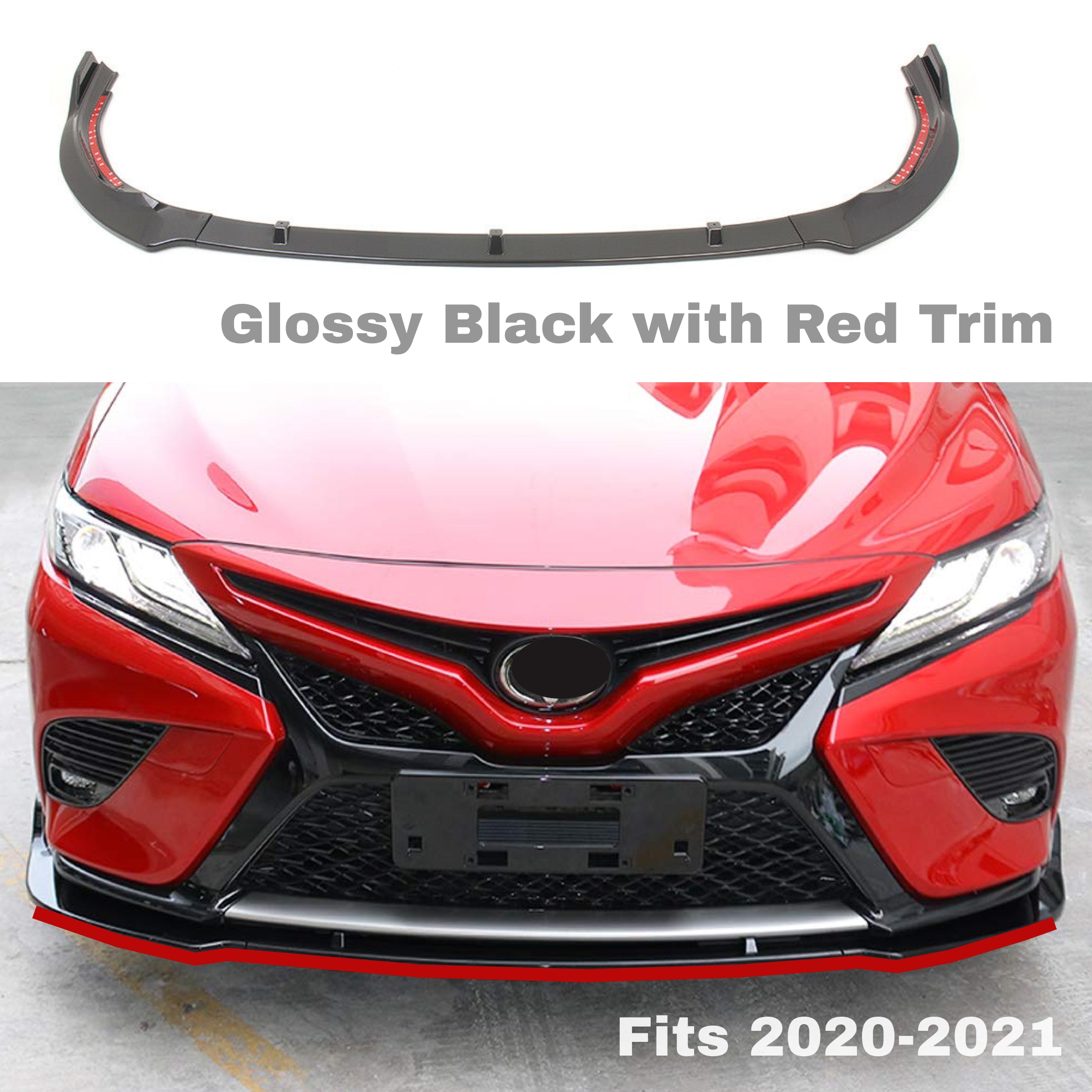 Se adapta al labio del parachoques delantero estilo Toyota Camry SE XSE TRD 2019-2022 (negro brillante con borde rojo)