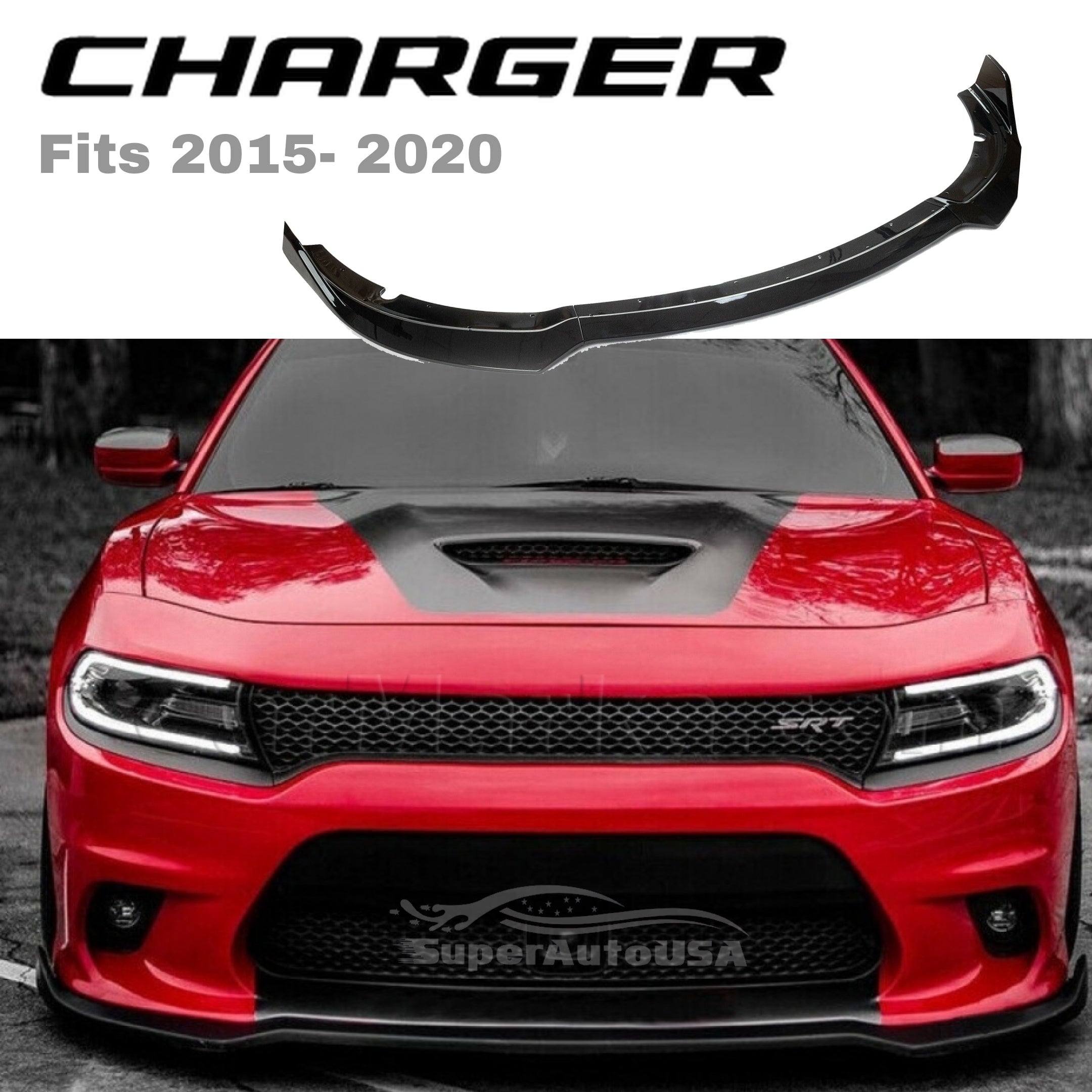 Fits 2015-2022 Dodge Charger SRT RT Front Bumper Lip Spoiler Splitter Body (Black, 3pcs) - 0