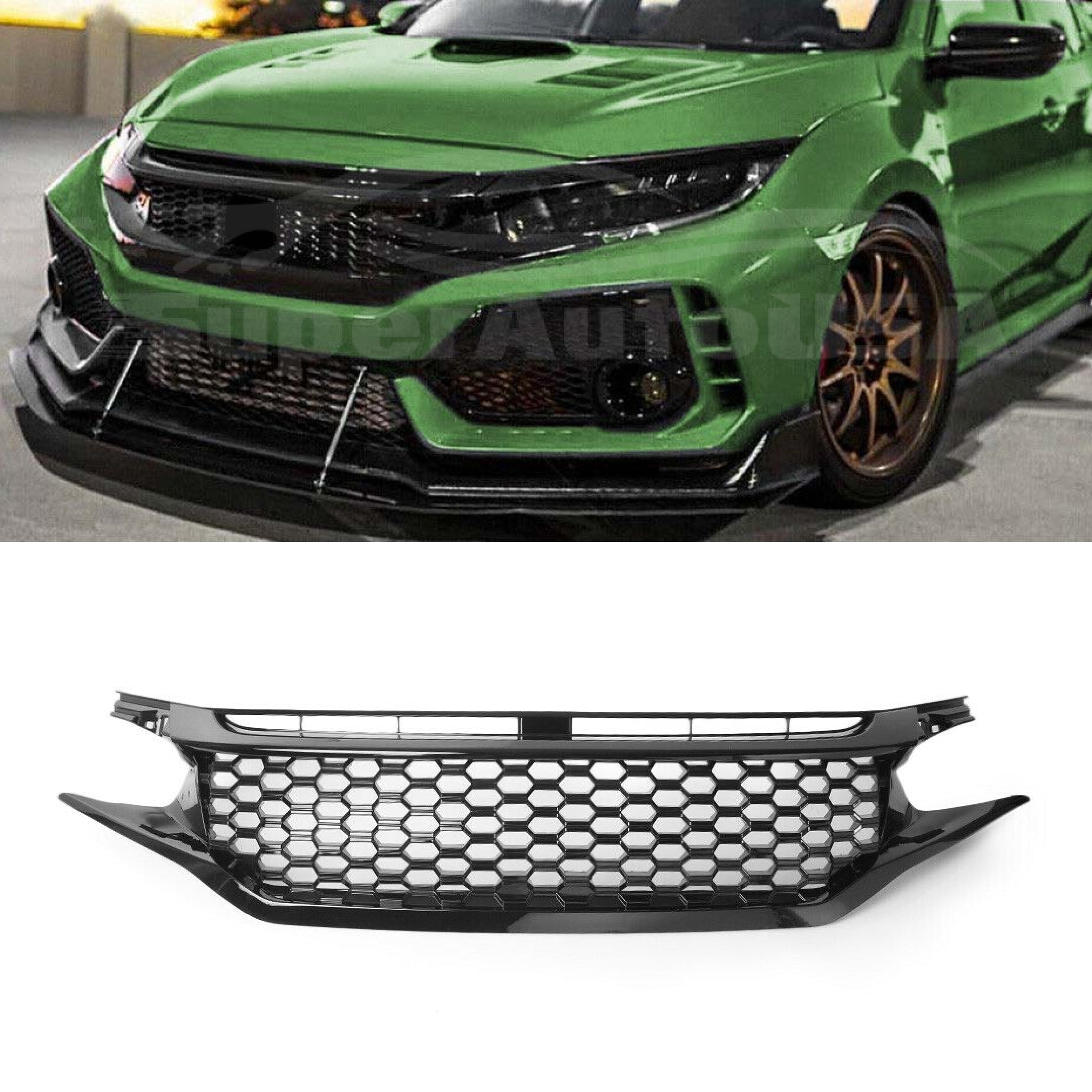 Fit 2016-2018 HONDA Civic 10 Front Bumper Center Radiator Grille Honeycomb Grill (Black) - 0