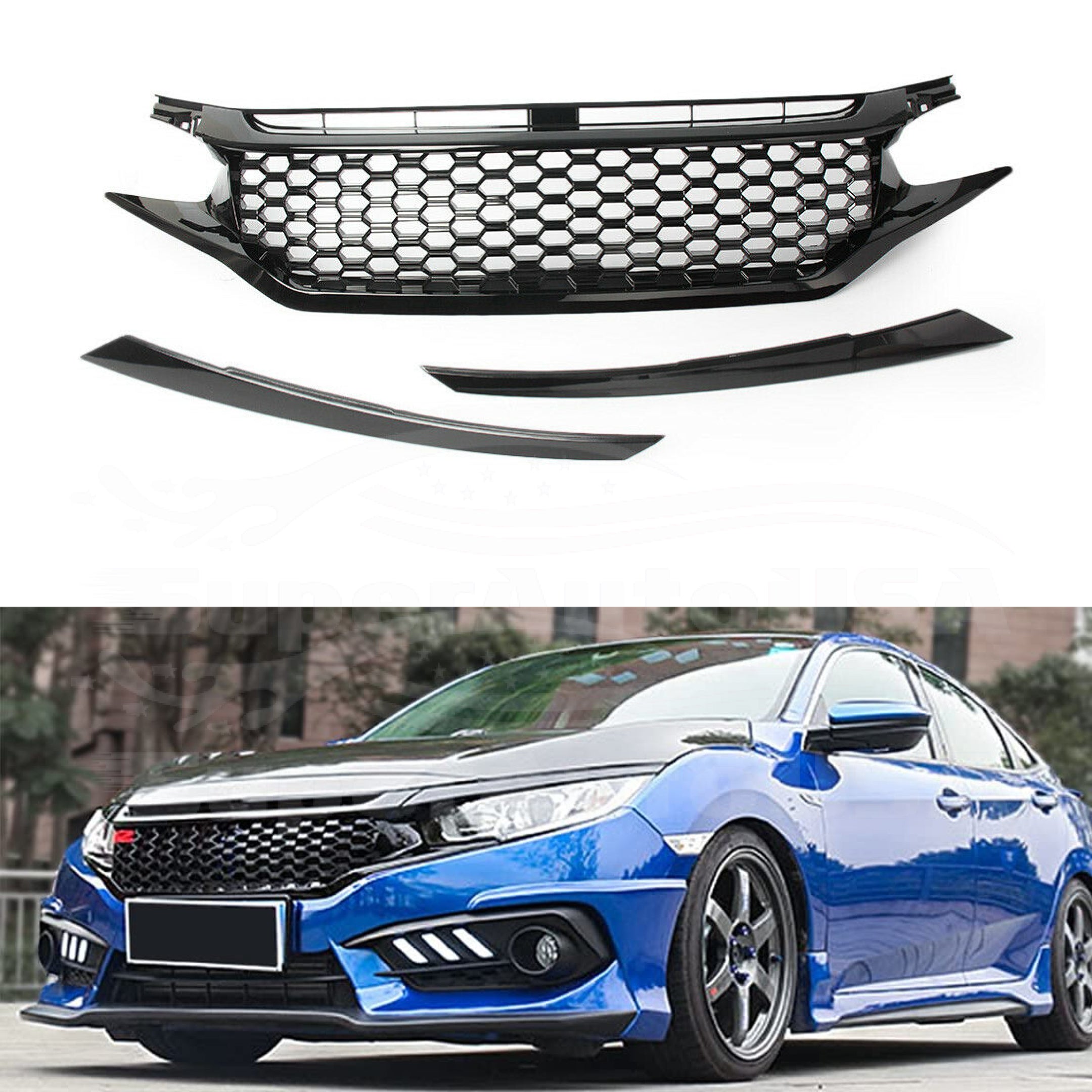 Fit 2016-2018 HONDA Civic 10 Front Bumper Center Radiator Grille Honeycomb Grill (Black)