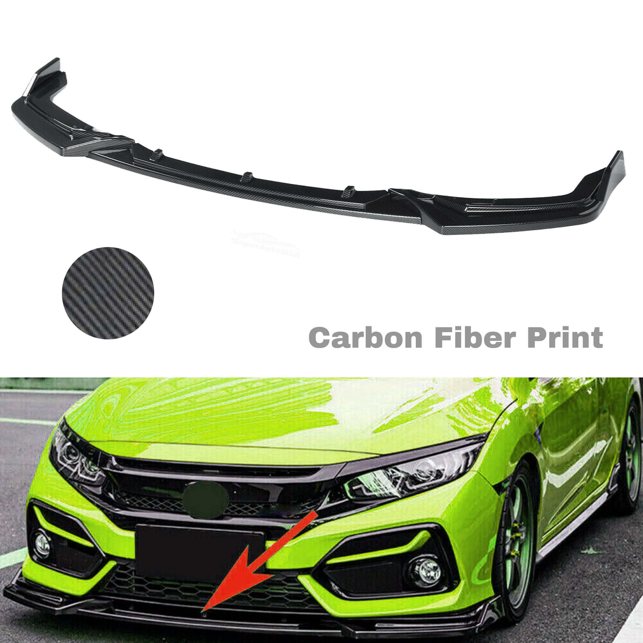 Fits 2017-2021 Honda CIVIC Hatchback Si Front Bumper Lip Spoiler (Carbon Fiber Print)