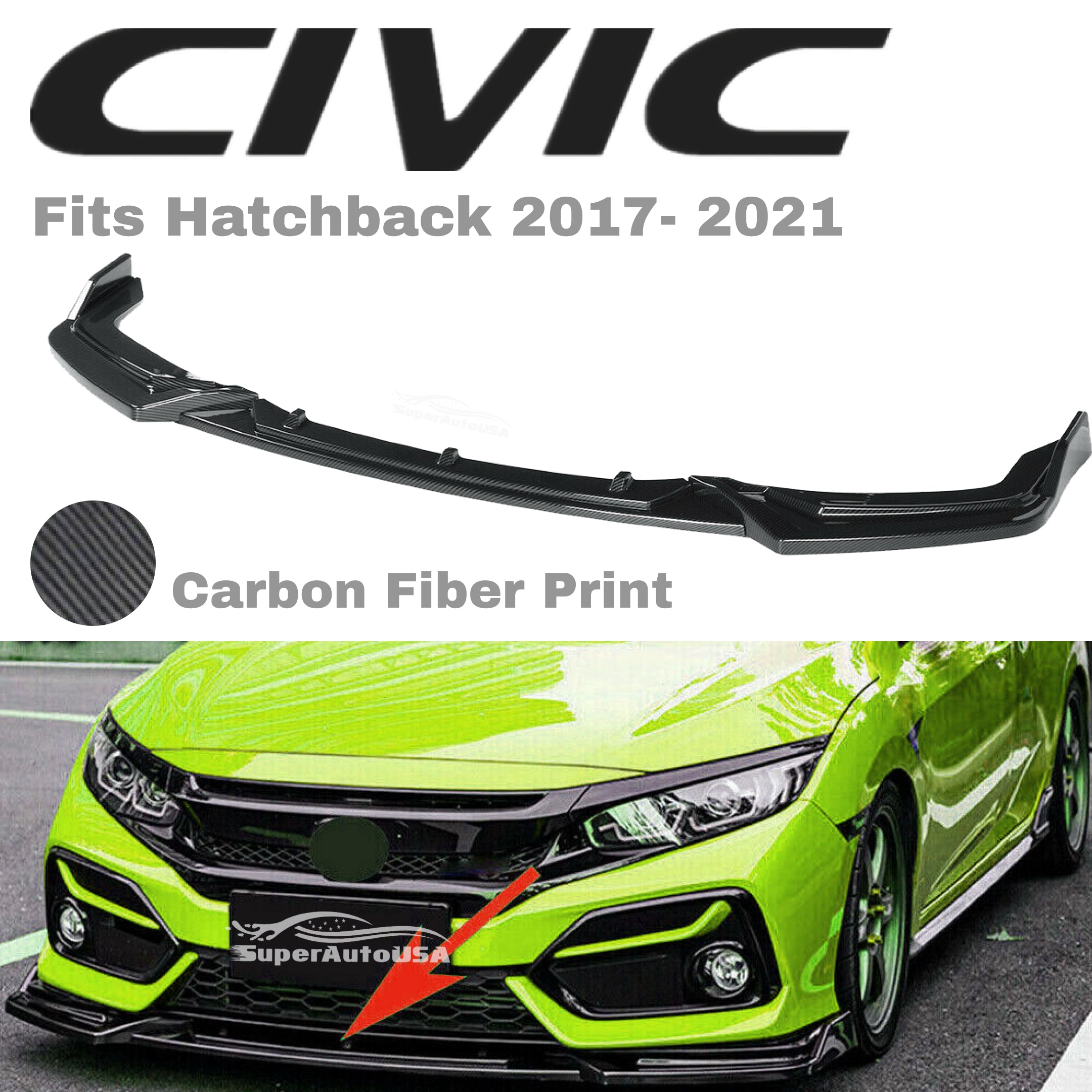 Fits 2017-2021 Honda CIVIC Hatchback Si Front Bumper Lip Spoiler (Carbon Fiber Print)