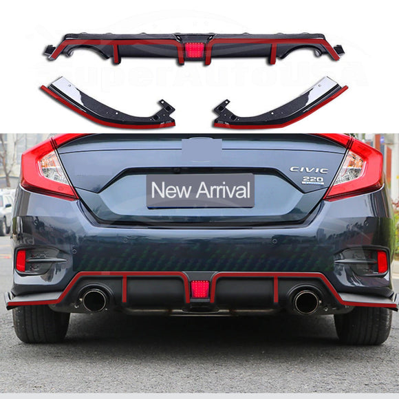 Fits 2016-2021 Honda CIVIC Sedan Rear Diffuser w/ LED Light (Gloss Black)