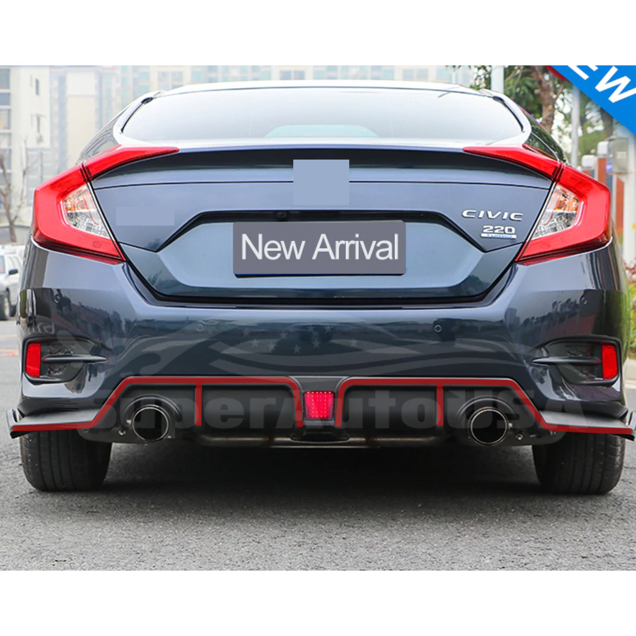 Fits 2016-2021 Honda CIVIC Sedan Rear Diffuser w/ LED Light (Gloss Black)