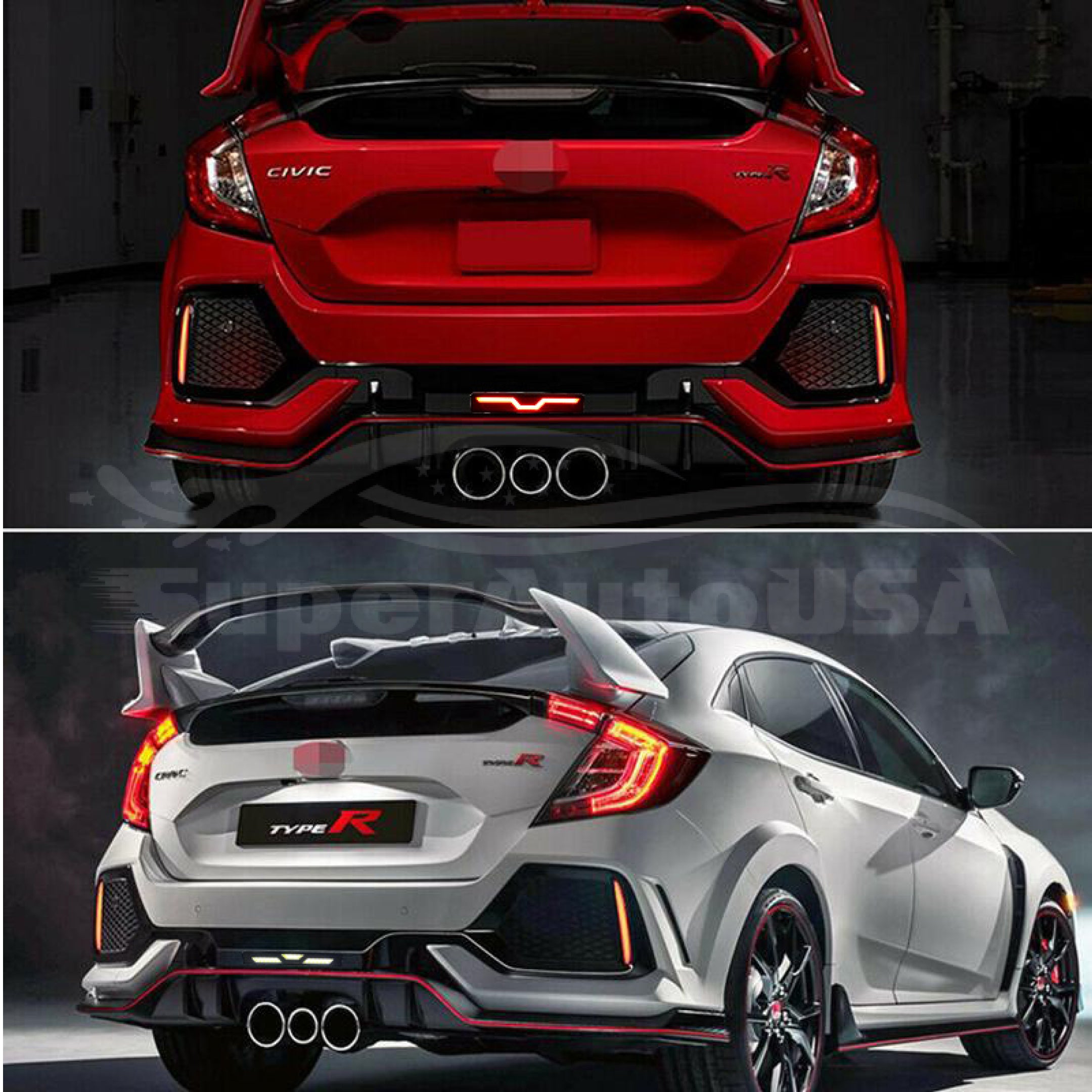 Fits 2016-2021 Honda Civic Hatchback Rear Diffuser Bumper with LED Brake Light Extension (Extra Gloss Carbon Fiber Print and Unpainted Black)