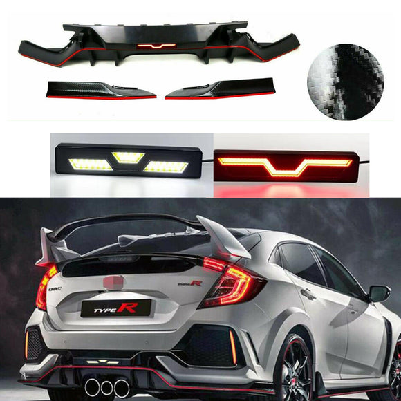 Fits 2016-2021 Honda Civic Hatchback Rear Diffuser Bumper with LED Brake Light Extension (Extra Gloss Carbon Fiber Print and Unpainted Black)