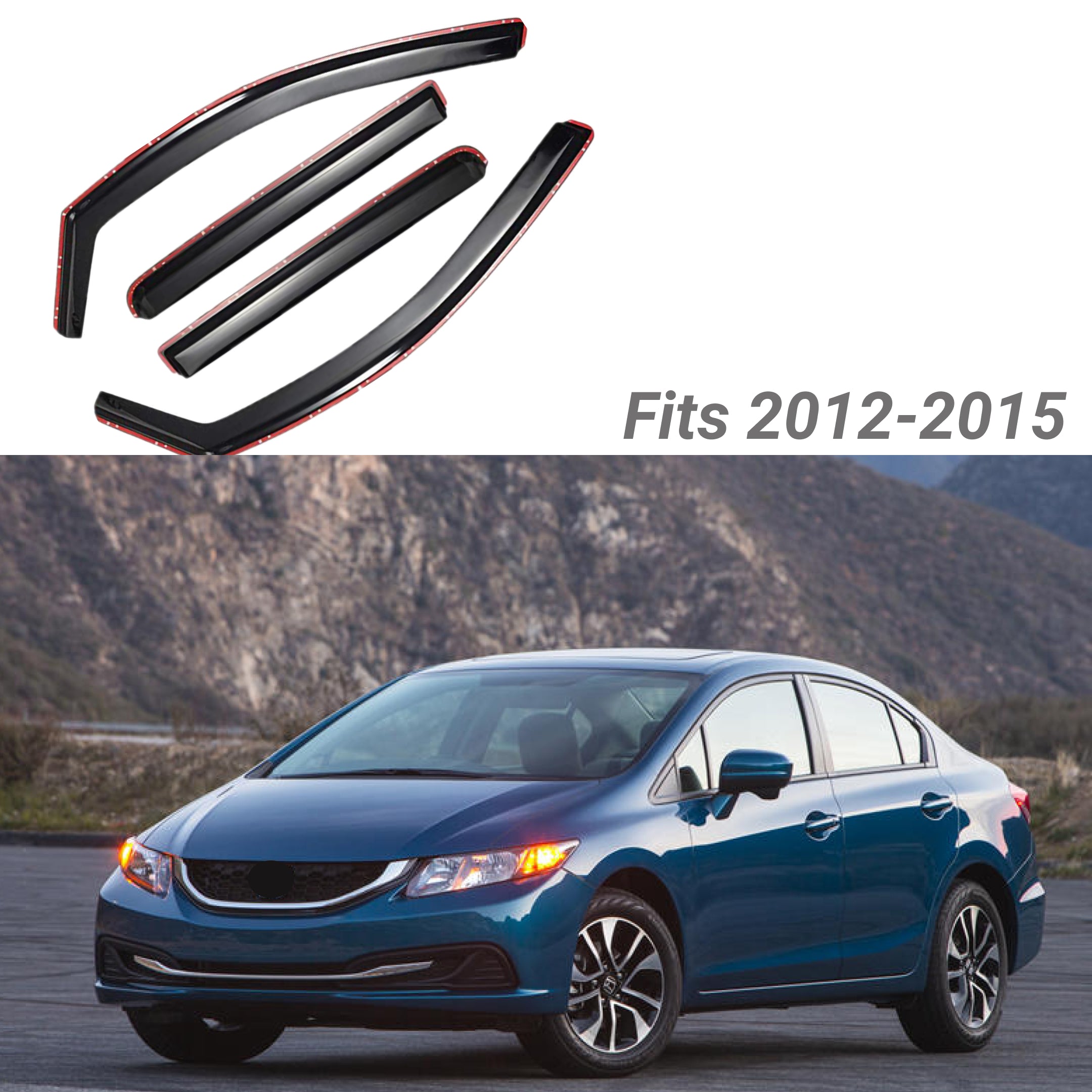 Fit 2012-2015 Honda Civic Sedan In-Channel Vent Window Visors Rain Sun Wind Guards Shade Deflectors - 0