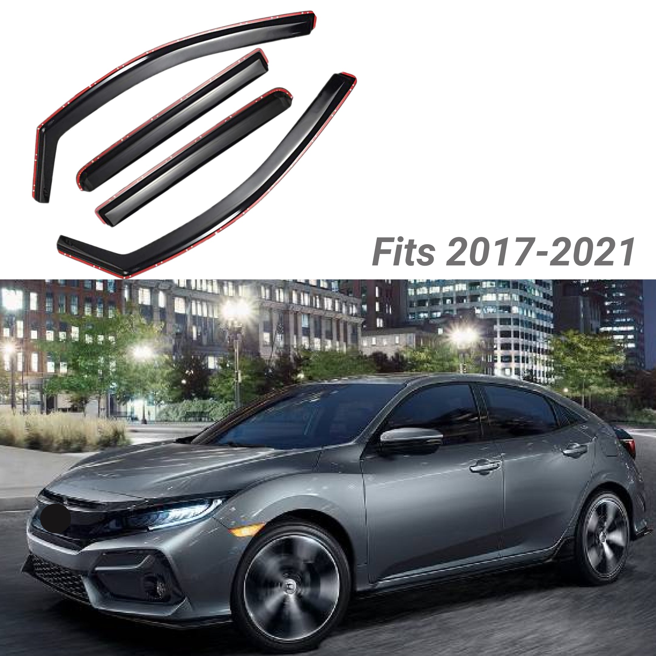 Fit 2017-2021 Honda Civic Hatchback In-Channel Vent Window Visors Rain Sun Wind Guards Shade Deflectors