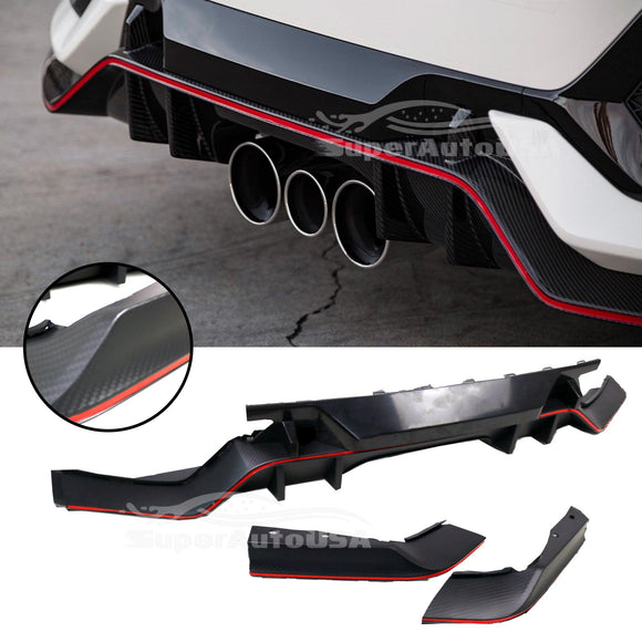 Fits 2017-2021 Honda Civic Hatchback Rear Bumper Spoiler Garnish Reflectors (Carbon Fiber Print and Red Trim)