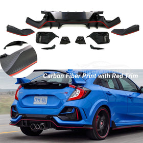 Fits 2017-2021 Honda Civic Hatchback Rear Bumper Spoiler Garnish Reflectors (Carbon Fiber Print and Red Trim)