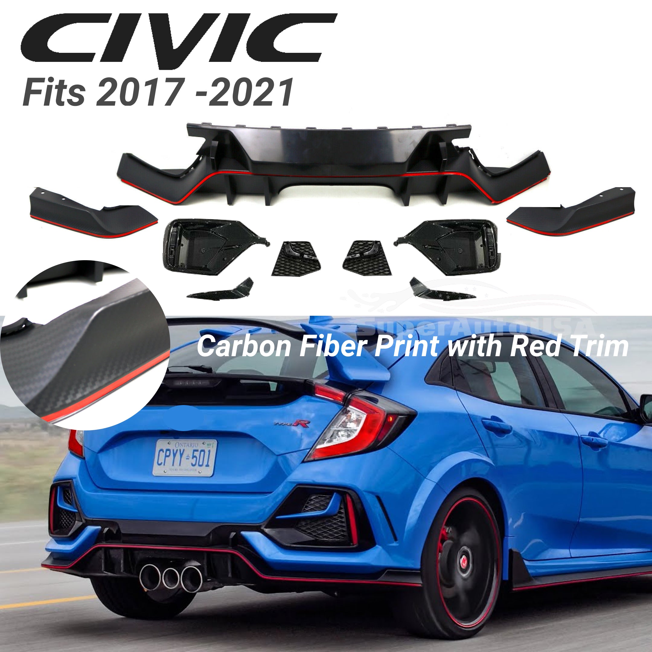 Se adapta a los reflectores de guarnición del alerón del parachoques trasero Honda Civic Hatchback 2017-2021 (estampado de fibra de carbono y borde rojo)