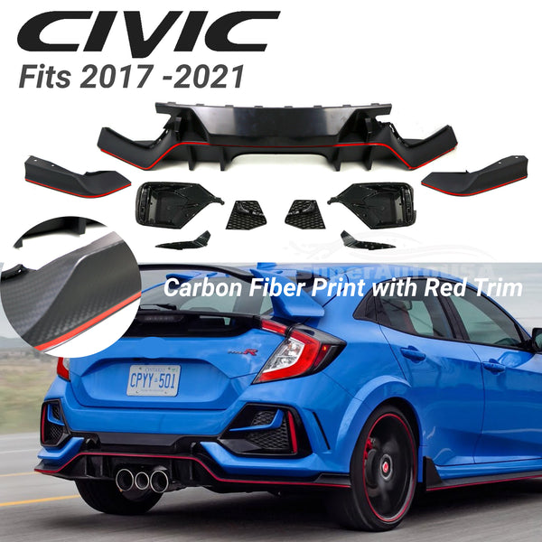 Fits 2017-2021 Honda Civic Hatchback Rear Bumper Spoiler Garnish Reflectors (Carbon Fiber Print and Red Trim)