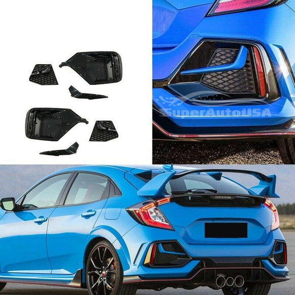 Fits 2017-2021 Honda Civic Hatchback Rear Bumper Spoiler Garnish Reflectors (Carbon Fiber Print and Red Trim)