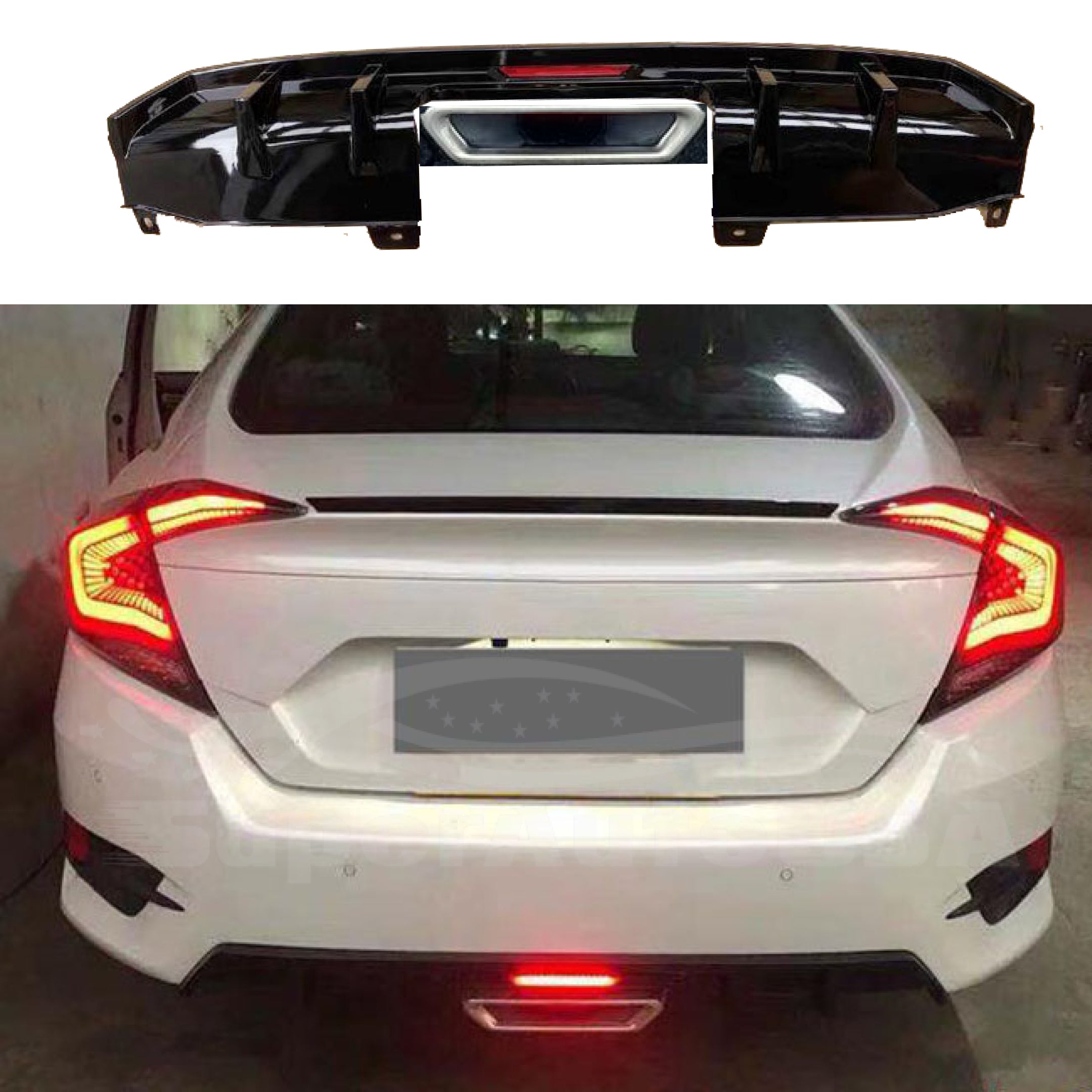 Se adapta a 2016-2021 Honda Civic Sport Sedan parachoques trasero alerón difusor LED luz