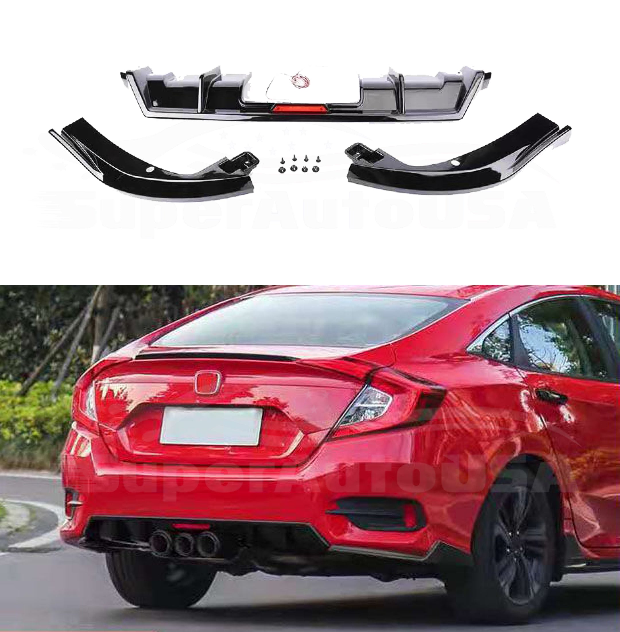 Fits 2016-2021 Honda Civic Sport Sedan Rear Bumper Lip Spoiler Diffuser LED Rear Corners-6