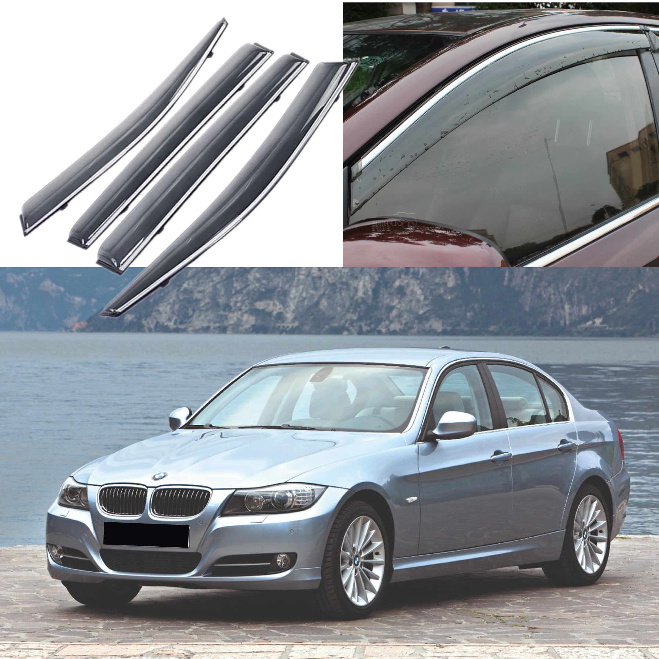 Fit 2006-2011 BMW 3 Series E90 Chrome Trim Vent Window Visors Rain Sun Wind Guards Shade Deflectors