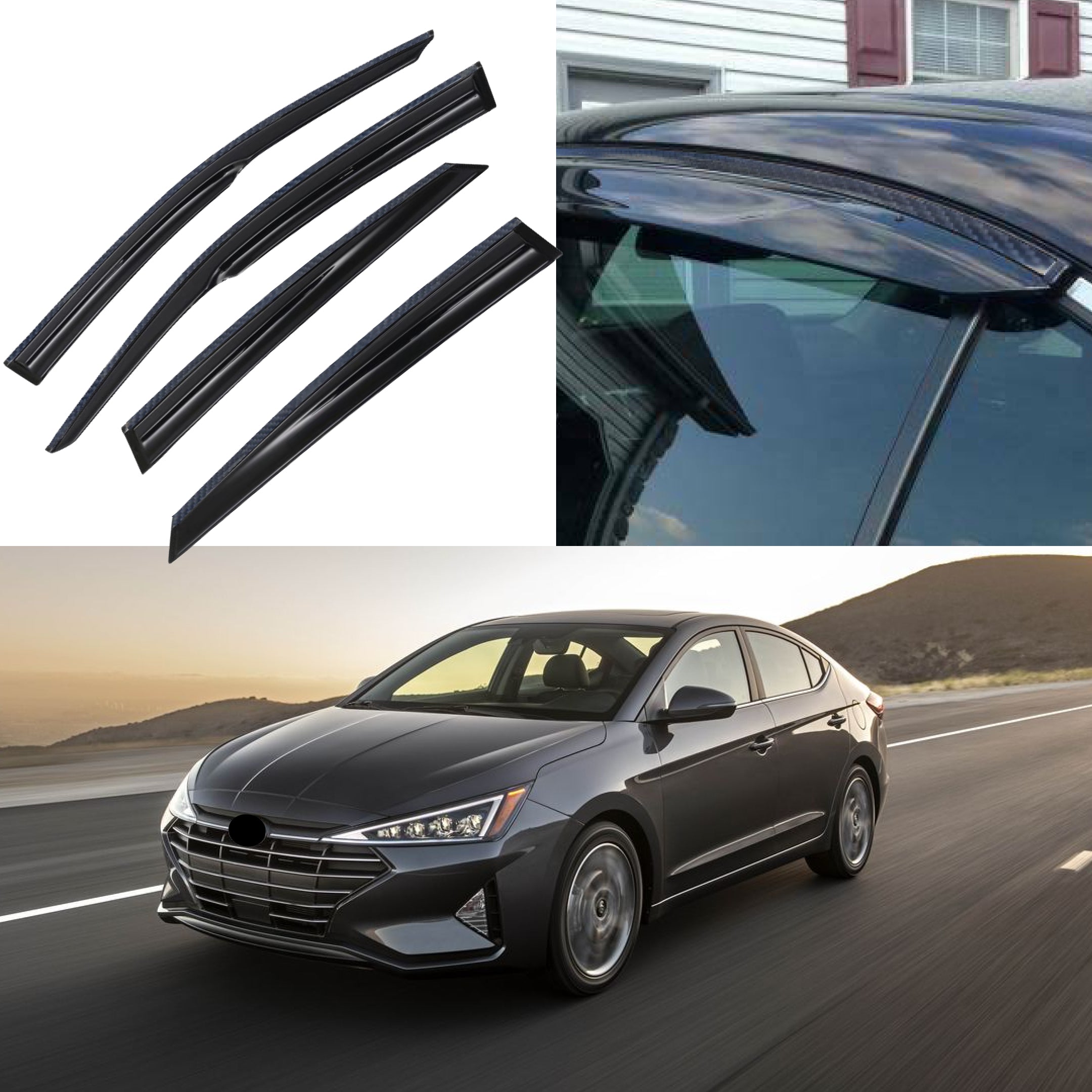 For Hyundai Elantra 2016-2020 Carbon Fiber & 3D Mugen Style Trim Vent Window Visors Rain Sun Wind Guards Shade Deflectors