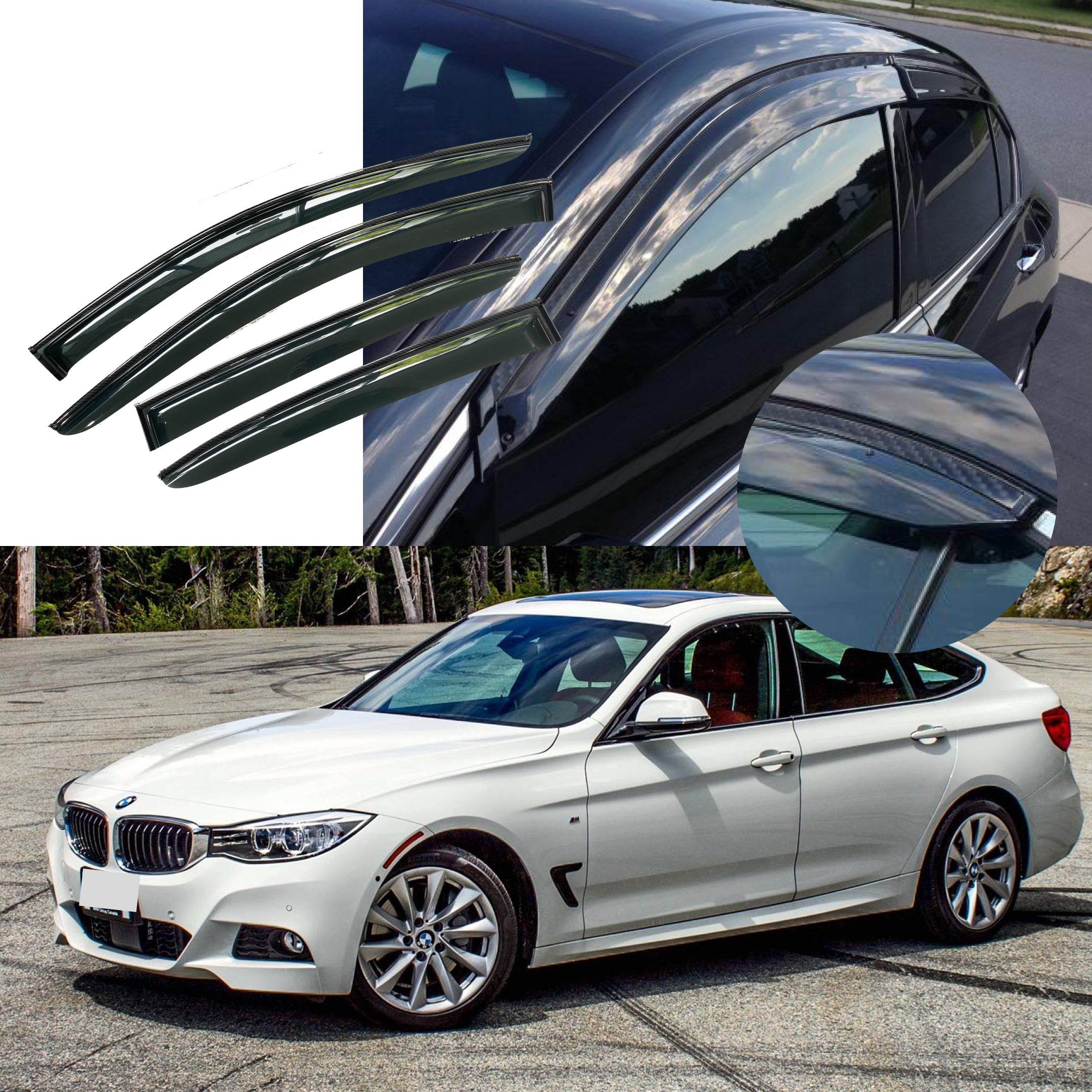 Fit 2012-2018 BMW 3 Series F30 Clip-On Carbon Fiber Print Trim Vent Window Visors Rain Sun Wind Guards Shade Deflectors