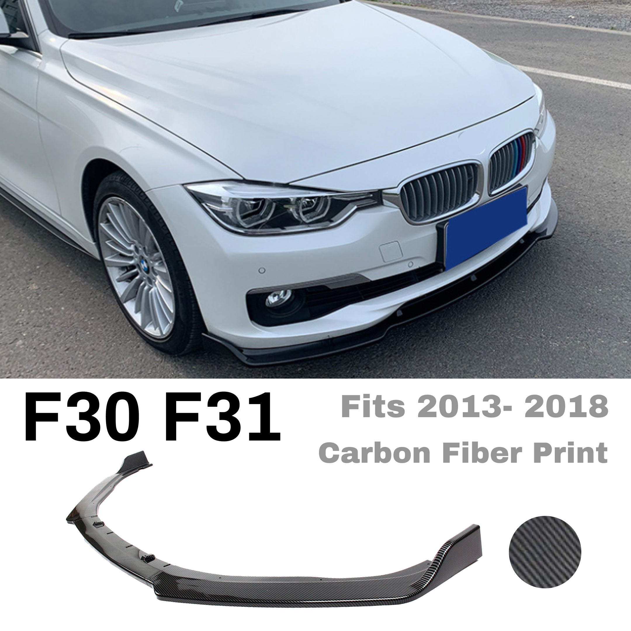 Se adapta a 2013-2018 BMW F30 F31 3 SERIES Sedan Base Alerón de parachoques delantero (impresión de fibra de carbono)
