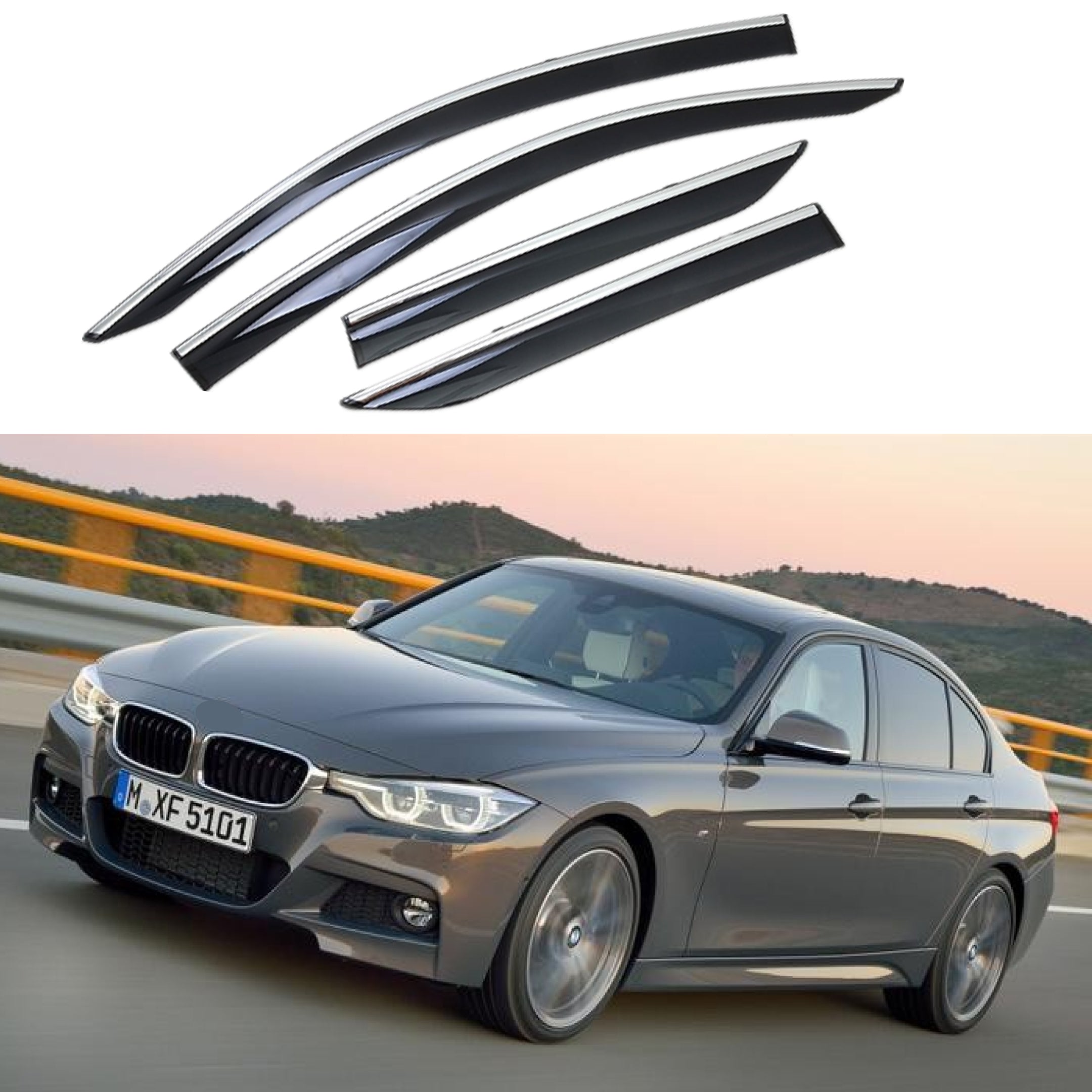 Ajuste 2012-2018 BMW F30 3 Series Clip-On Chrome Trim Vent Window Viseras Rain Sun Wind Guards Shade Deflectors-1