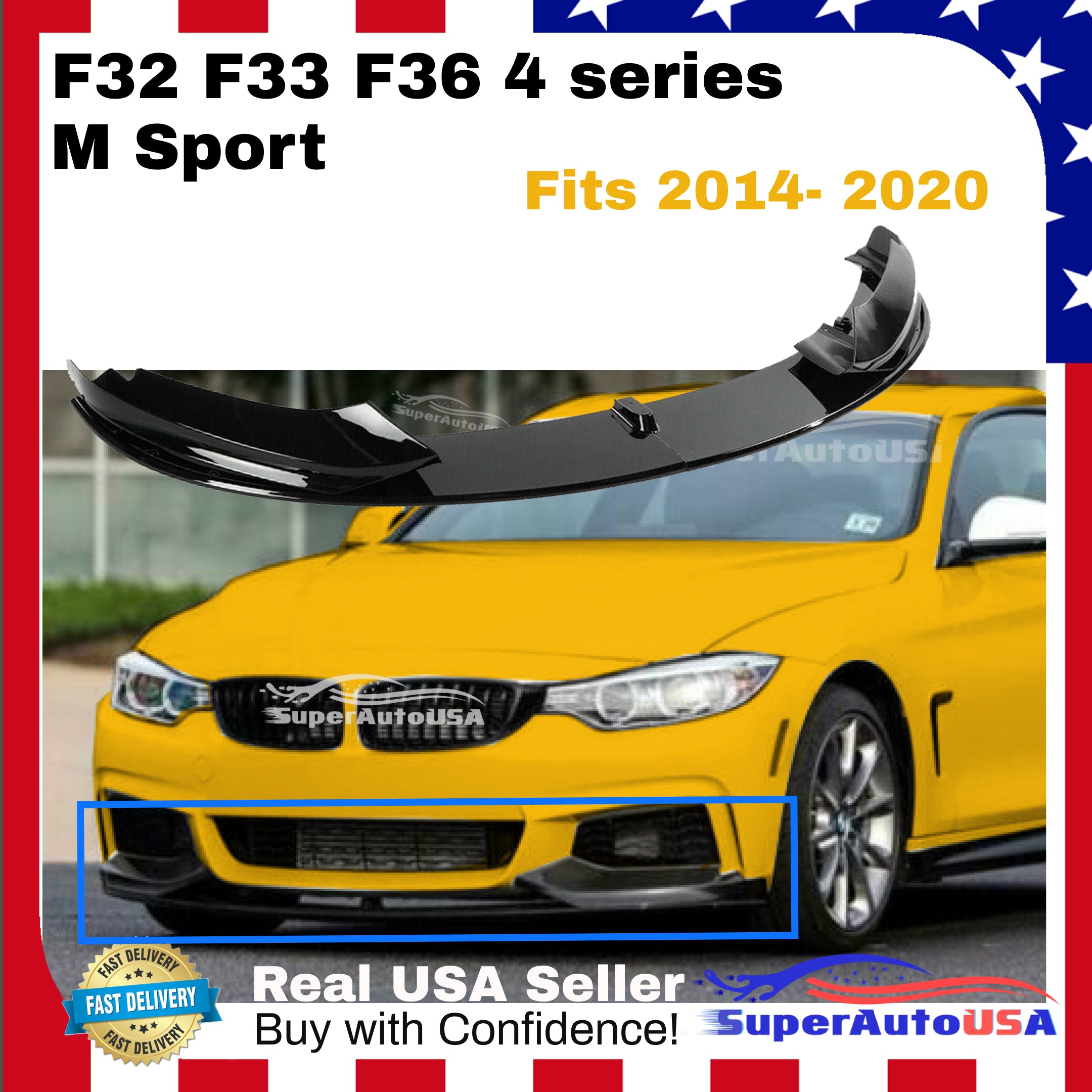 Fits 2014-2020 BMW F32 F33 F36 4 Series M Sport Front Bumper Lip Spoiler (Gloss Black) - 0