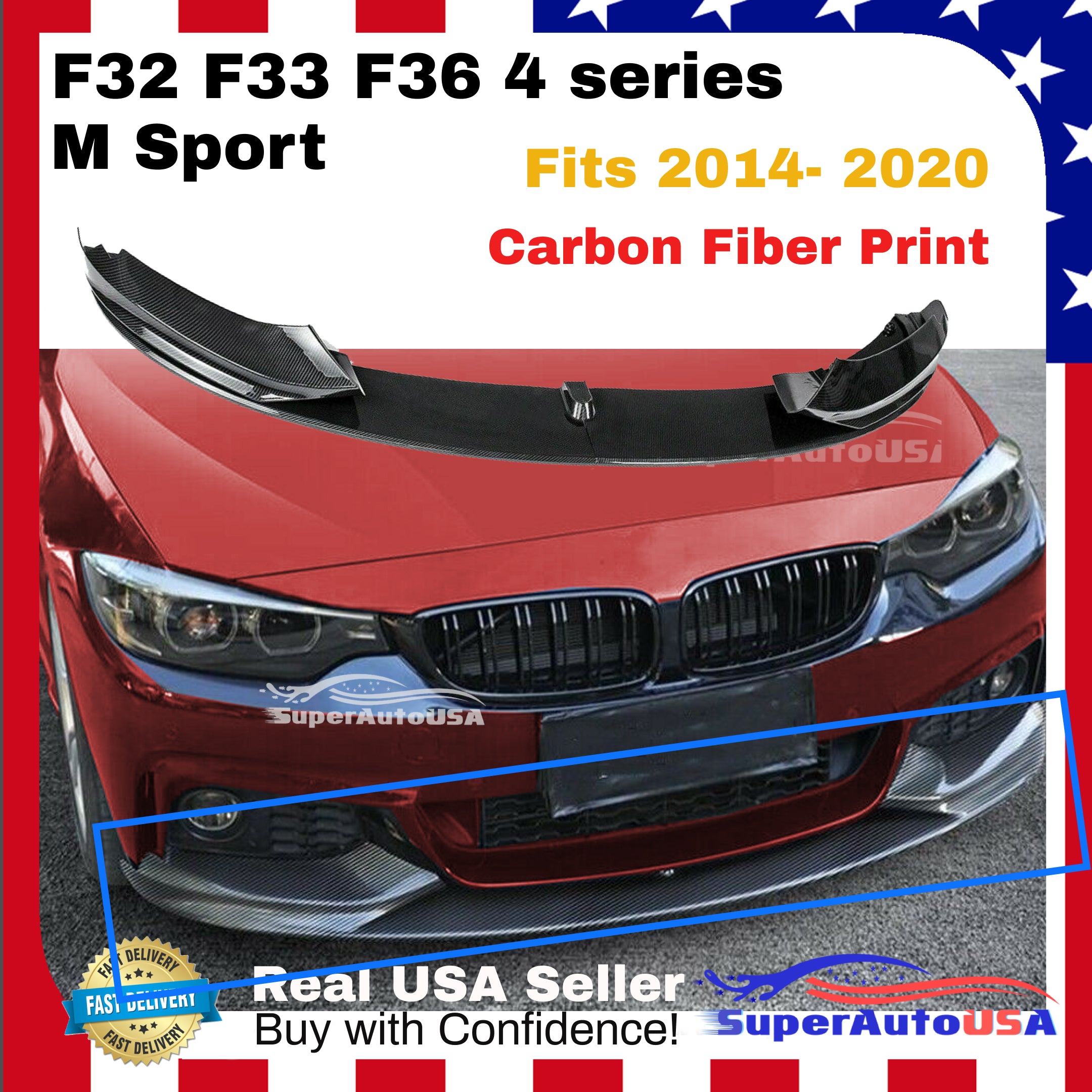 Fits 2014-2020 BMW F32 F33 F36 4 Series M Sport Front Lip Spoiler (Carbon Fiber Print) - 0
