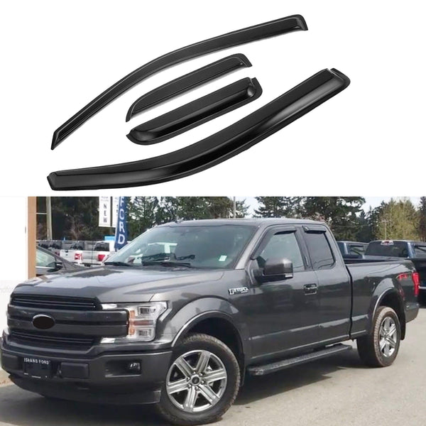 Mugen Style Window Visors For 2015-2021 Ford F150 Crew Cab - 4-Piece Smoked Rain Guards