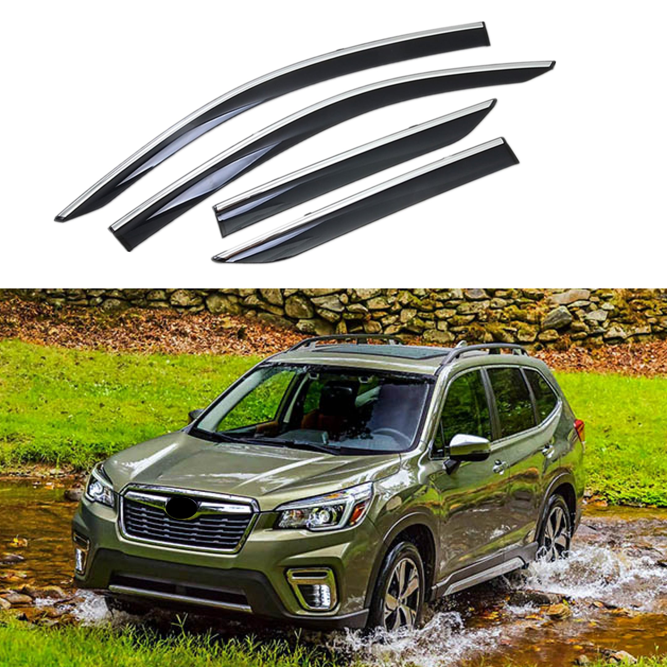 Fit 2019-2021 Subaru Forester Clip-On Chrome Trim Vent Window Visors Rain Sun Wind Guards Shade Deflectors