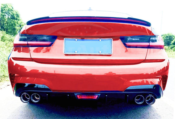 Fits 2019-2022 BMW 3 Series G20  M-Sport Rear Bumper Lip Diffuser with LED Light (Gloss Black)